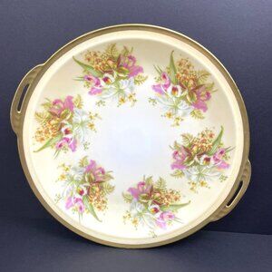 Antique R.S.Prussia 1905 Handled Cake Plate 9¼” Pink Orchid Floral w Gold Trim